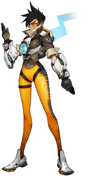 Anime picture 900x1721 with overwatch blizzard entertainment tracer (overwatch) tagme (artist) single tall image short hair black hair simple background smile standing white background orange eyes smirk girl gloves suit goggles