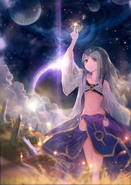 Anime picture 848x1200 with original you shimizu single long hair tall image looking at viewer blush blue eyes smile bare shoulders green eyes silver hair cloud (clouds) arm up night wide sleeves bare belly bare legs sparkle midriff