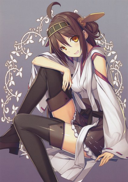 Anime picture 4262x6055 with kantai collection kongou battleship kikuchi seiji single long hair tall image looking at viewer highres open mouth brown hair brown eyes absurdres ahoge scan official art nontraditional miko girl thighhighs hair ornament black thighhighs