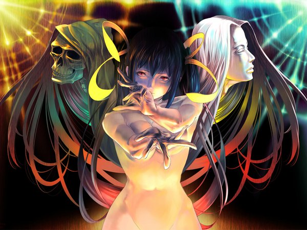 Anime picture 1024x768 with guilty gear dizzy (guilty gear) undine (guilty gear) necro (guilty gear) long hair breasts light erotic red eyes blue hair nude demon girl angel girl navel ribbon (ribbons) hair ribbon wings skull