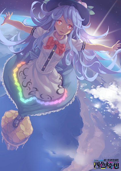 Anime picture 827x1170 with touhou hinanawi tenshi madyy single long hair tall image looking at viewer blush open mouth red eyes blue hair sky cloud (clouds) spread arms flying sunrise girl dress hat sea