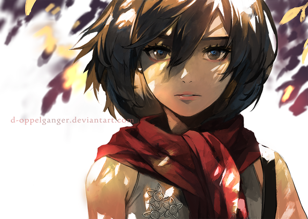 Anime picture 1000x714 with shingeki no kyojin production i.g mikasa ackerman d-oppelganger (midorynn) single looking at viewer fringe short hair brown hair brown eyes outdoors parted lips wind lips inscription sleeveless text portrait english girl