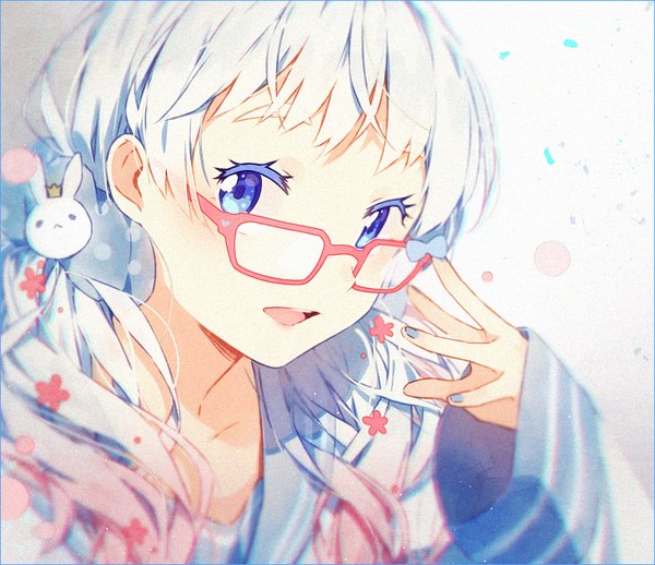 Anime picture 850x734 with original hakusai (tiahszld) single long hair looking at viewer fringe open mouth blue eyes twintails pink hair white hair nail polish multicolored hair low twintails gradient hair blue nail polish adjusting glasses girl uniform glasses