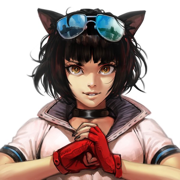 Anime picture 1000x1000 with original dcwj single looking at viewer fringe short hair black hair simple background smile white background brown eyes signed animal ears upper body blunt bangs nail polish parted lips cat ears realistic cat girl