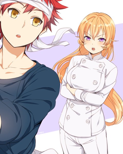 Anime picture 640x800 with shokugeki no soma j.c. staff nakiri erina yukihira souma mery (yangmalgage) long hair tall image blush fringe short hair open mouth blonde hair hair between eyes purple eyes signed yellow eyes payot looking away red hair crossed arms