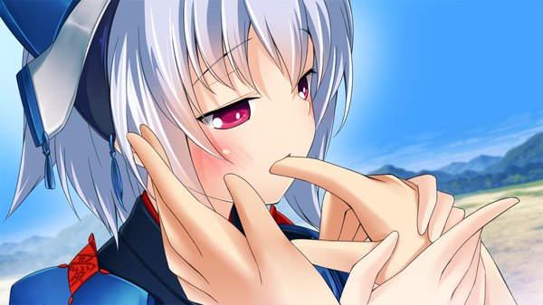 Anime picture 1280x720 with sengoku hime blush short hair wide image game cg white hair pink eyes girl