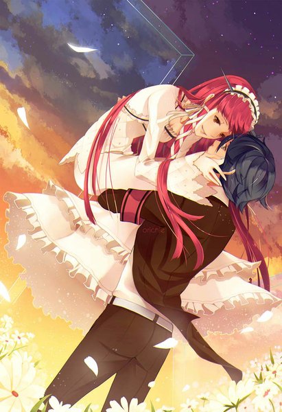 Anime picture 700x1021 with persona92 (orichie) long hair tall image fringe short hair smile blue hair pink hair sky cloud (clouds) wind wide sleeves hug evening face to face eye contact lifting body girl dress boy