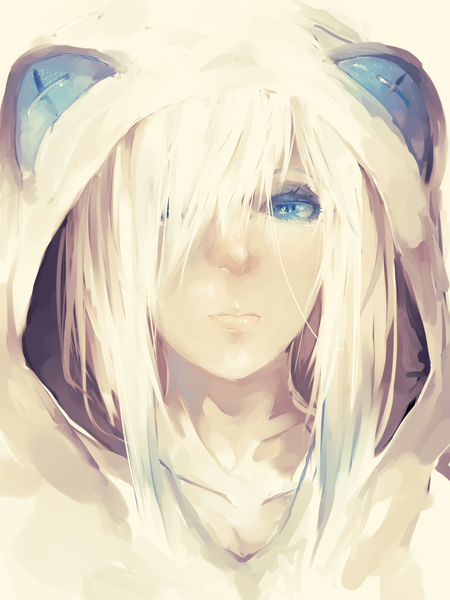 Anime picture 1200x1600 with original maido mido single long hair tall image looking at viewer fringe blue eyes animal ears white hair hair over one eye close-up girl hood