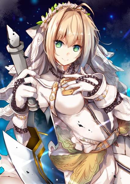 Anime picture 600x847 with fate (series) fate/extra fate/extra ccc nero claudius (fate) (all) nero claudius (fate) nero claudius (bride) (fate) hirai yuzuki single tall image looking at viewer fringe short hair breasts blonde hair smile hair between eyes large breasts holding green eyes upper body