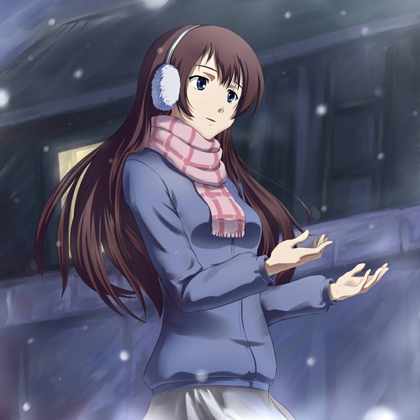 Anime picture 1024x1024 with true tears yuasa hiromi atomix single long hair blue eyes brown hair snowing winter girl jacket scarf house winter clothes earmuffs