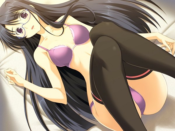 Anime picture 1024x768 with school love! 3 amamiya yuuri long hair light erotic black hair purple eyes game cg girl thighhighs underwear panties black thighhighs glasses