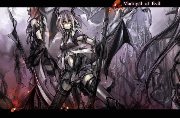 Anime picture 1680x1106 with original allenkung1 long hair looking at viewer short hair black hair red eyes multiple girls red hair horn (horns) girl 2 girls wings spear