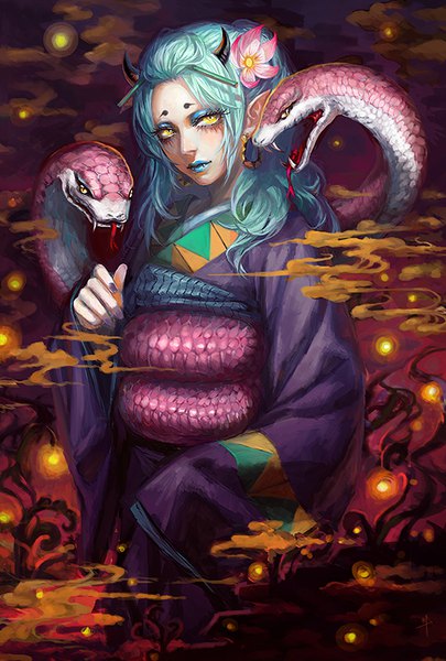 Anime picture 541x800 with hoozuki no reitetsu wit studio okou (hoozuki no reitetsu) sun dou single long hair tall image looking at viewer yellow eyes nail polish traditional clothes japanese clothes hair flower horn (horns) pointy ears aqua hair lipstick eyebrows oni horns oni