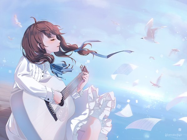 Anime picture 1500x1125 with original marmalade (elfless vanilla) single long hair brown hair brown eyes signed looking away sky ahoge profile wind playing instrument singing girl dress ribbon (ribbons) hair ribbon animal white dress