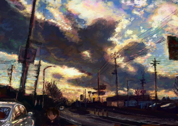Anime picture 2000x1414 with hiranojun single highres short hair black hair sky cloud (clouds) black eyes street girl building (buildings) ground vehicle lantern wire (wires) car lamppost traffic sign