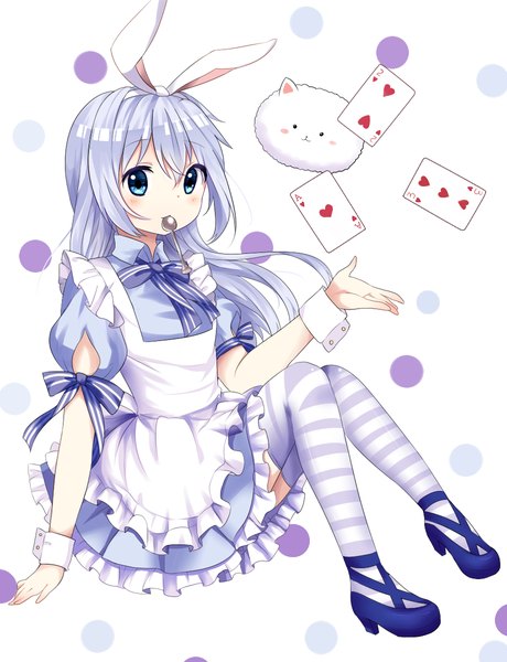 Anime picture 920x1200 with gochuumon wa usagi desu ka? white fox kafuu chino tippy (gochiusa) tagme (artist) long hair tall image looking at viewer blush blue eyes simple background white background sitting holding animal ears silver hair arm support short sleeves maid bunny ears