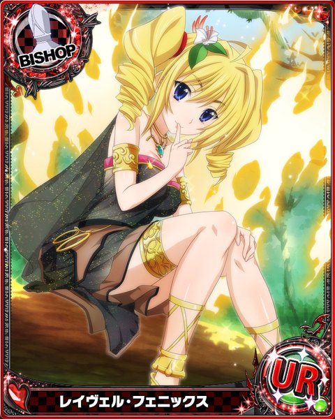 Anime picture 640x800 with highschool dxd ravel phenex single tall image blue eyes blonde hair sitting twintails hair flower drill hair card (medium) girl dress hair ornament flower (flowers) wings fire