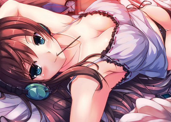 Anime picture 1200x860 with original tenchou no matsumoto single long hair looking at viewer blush breasts blue eyes light erotic brown hair cleavage girl underwear panties food sweets headphones pocky