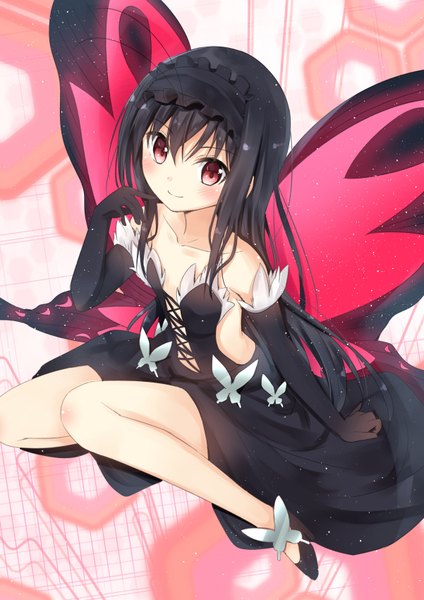 Anime picture 601x850 with accel world sunrise (studio) kuroyukihime mirai (macharge) single long hair tall image looking at viewer blush fringe black hair smile red eyes sitting high heels sleeveless finger to mouth insect wings butterfly wings girl