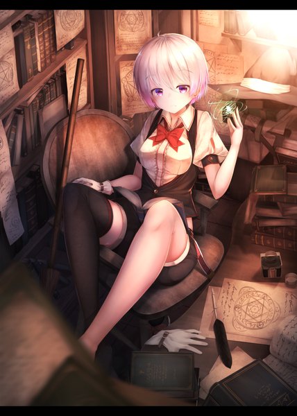 Anime picture 1500x2100 with original waterdog single tall image looking at viewer short hair purple eyes purple hair letterboxed girl thighhighs black thighhighs shorts book (books) paper armchair