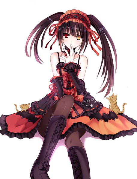 Anime picture 751x986 with date a live tokisaki kurumi bai kongque (shirokujaku) single long hair tall image looking at viewer blush black hair simple background red eyes white background yellow eyes heterochromia finger to mouth lolita fashion uneven twintails girl dress ribbon (ribbons)