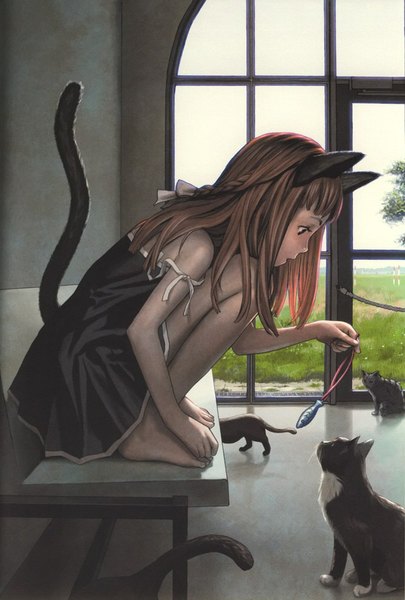 Anime picture 676x1000 with original range murata single long hair tall image blush open mouth brown hair sitting bare shoulders brown eyes animal ears tail animal tail barefoot cat ears cat girl cat tail looking down girl