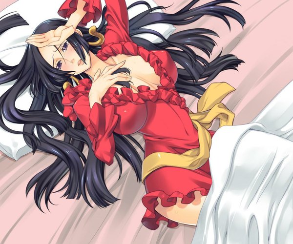 Anime picture 1125x938 with one piece toei animation boa hancock ddsign single long hair blush breasts light erotic black hair purple eyes lying huge breasts coloring girl earrings frills