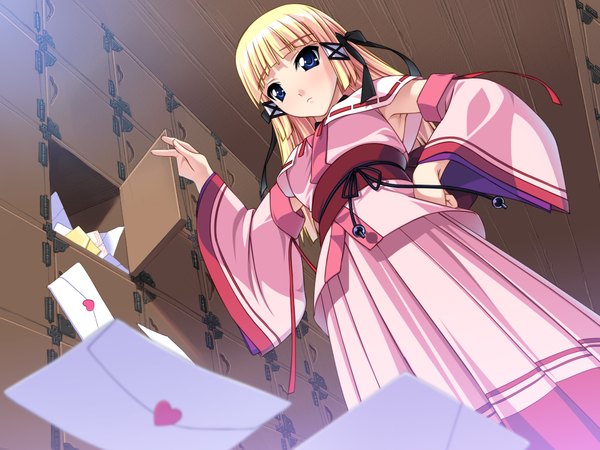 Anime picture 1024x768 with hime to majin to koi suru tamashii blue eyes blonde hair game cg girl letter love letter