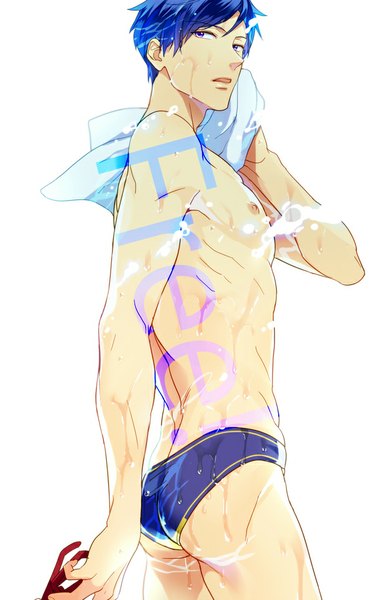 Anime picture 600x960 with free! kyoto animation ryugazaki rei matsuo shin single tall image short hair light erotic simple background white background purple eyes blue hair looking away nipples ass parted lips from below wet copyright name boy