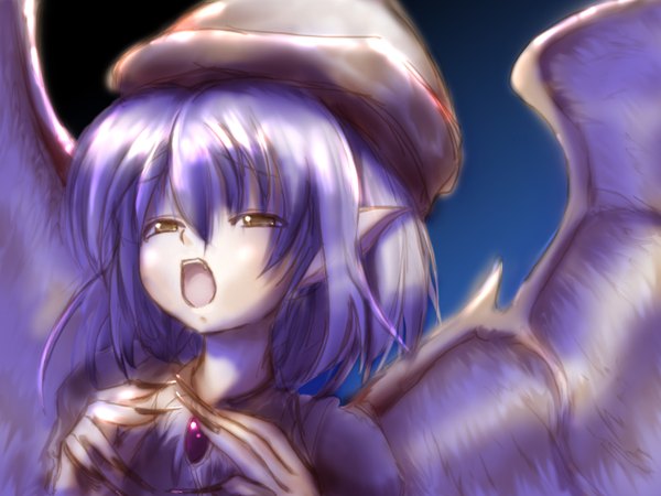 Anime picture 2800x2100 with touhou mystia lorelei highres open mouth brown eyes animal ears purple hair fingernails teeth fang (fangs) long fingernails girl hat wings rindon (pixiv338875)