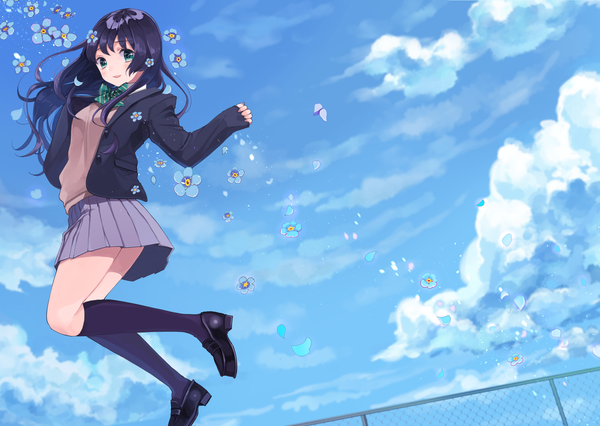 Anime picture 1500x1066 with original shigure ui single long hair looking at viewer fringe green eyes sky purple hair cloud (clouds) bent knee (knees) pleated skirt happy jumping girl skirt uniform flower (flowers) school uniform miniskirt