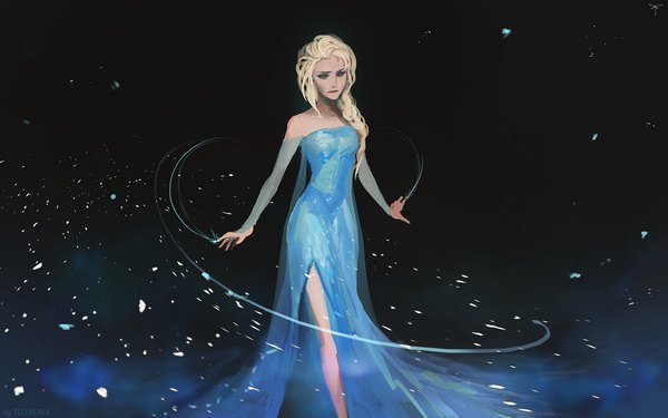 Anime picture 1200x750 with frozen (disney) disney elsa (frozen) telthona single long hair looking at viewer highres breasts blonde hair bare shoulders green eyes braid (braids) snowing hair over shoulder girl dress blue dress