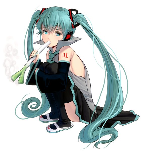 Anime picture 967x1000 with vocaloid hatsune miku masao single long hair tall image looking at viewer white background twintails nail polish aqua eyes aqua hair no bra tattoo squat food in mouth girl thighhighs skirt black thighhighs