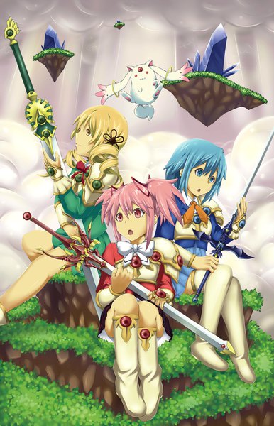 Anime picture 985x1529 with mahou shoujo madoka magica magic knight rayearth shaft (studio) clamp kaname madoka miki sayaka tomoe mami kyuubee mokona ryuuzaki umi shidou hikaru hououji fuu kenbi (hi himmy) long hair tall image fringe short hair blue eyes blonde hair hair between eyes