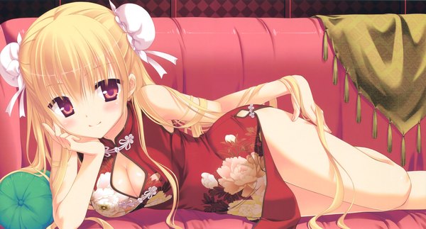 Anime picture 5363x2892 with hidan no aria mine riko kobuichi single long hair looking at viewer blush fringe highres breasts light erotic blonde hair smile red eyes wide image large breasts absurdres cleavage bent knee (knees) lying