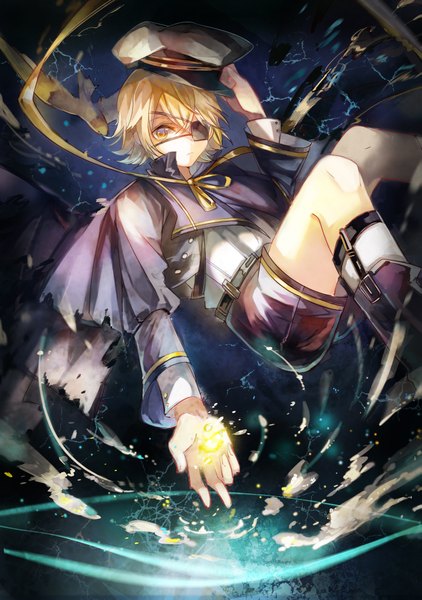 Anime picture 1511x2149 with vocaloid oliver james (vocaloid) vima single tall image looking at viewer short hair blonde hair yellow eyes boy ribbon (ribbons) animal shorts boots bird (birds) eyepatch peaked cap mantle