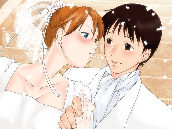 Anime picture 1024x768 with neon genesis evangelion gainax soryu asuka langley ikari shinji long hair blush highres short hair open mouth blue eyes black hair smile brown hair brown eyes orange hair wedding girl dress boy suit