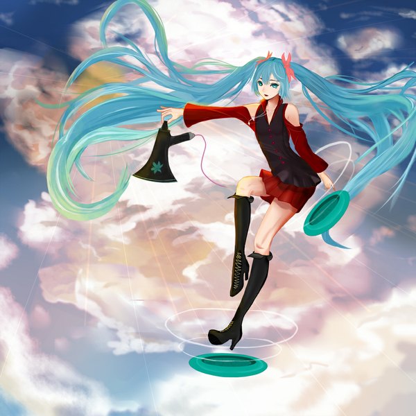 Anime picture 1000x1000 with vocaloid hatsune miku akairo single long hair looking at viewer fringe open mouth blue eyes twintails blue hair sky cloud (clouds) bent knee (knees) high heels outstretched arm lacing girl detached sleeves boots