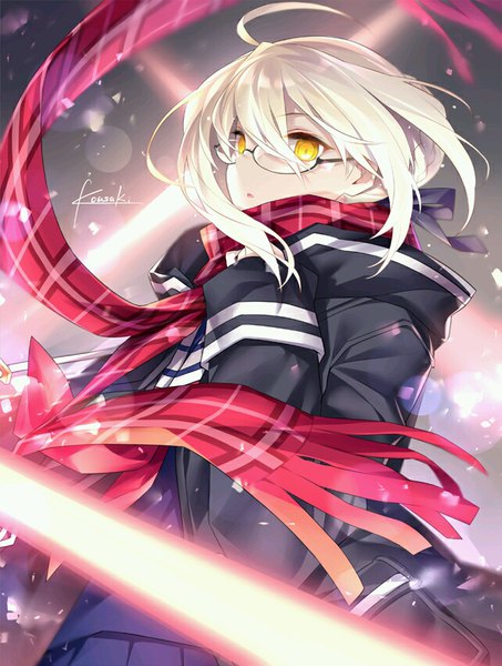 Anime picture 642x850 with fate (series) fate/grand order artoria pendragon (all) mysterious heroine x (alter) (fate) mysterious heroine x alter (first ascension) (fate) kousaki rui single tall image looking at viewer fringe short hair blonde hair hair between eyes signed yellow eyes payot ahoge wind girl uniform