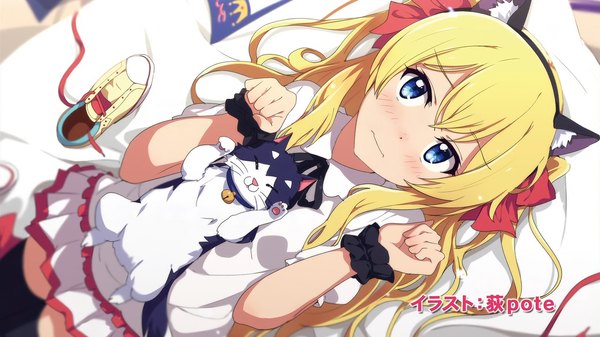 Anime picture 1280x720 with joukamachi no dandelion production ims sakurada hikari borscht ogipote single long hair blush fringe blue eyes blonde hair wide image twintails signed animal ears cat ears fake animal ears looking up shoes removed end card