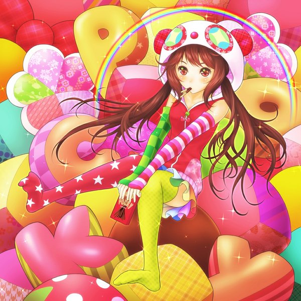 Anime picture 1024x1024 with original rymerge single long hair blush red eyes brown hair twintails girl thighhighs hat detached sleeves heart sweets pocky rainbow