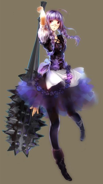 Anime picture 1120x1999 with original pixiv fantasia pixiv fantasia wizard and knight h2so4kancel single tall image fringe open mouth simple background red eyes purple hair ahoge braid (braids) twin braids girl dress weapon pantyhose glasses corset
