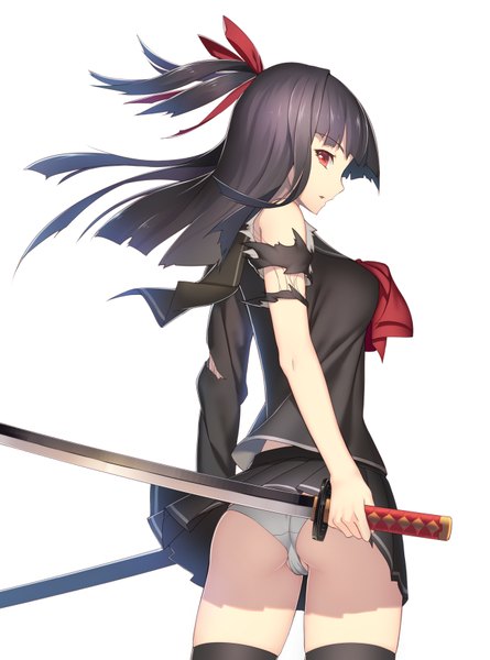 Anime picture 641x864 with original ac (eshi) single long hair tall image looking at viewer fringe light erotic black hair simple background red eyes standing white background pleated skirt looking back wind girl thighhighs skirt uniform