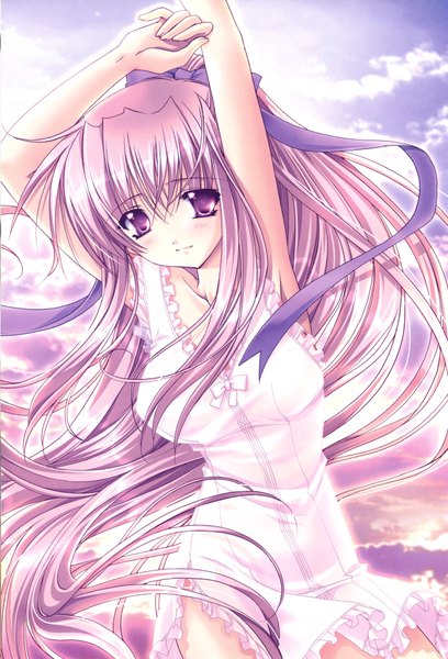 Anime picture 2679x3934 with syo ryuga single tall image blush highres purple eyes pink hair sky cloud (clouds) very long hair armpit (armpits) girl dress ribbon (ribbons) hair ribbon sundress