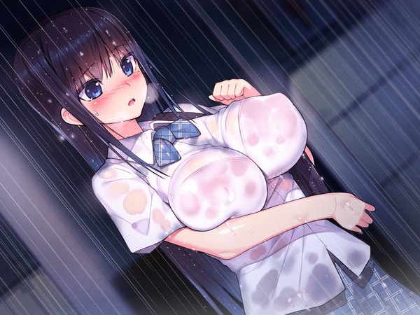Anime picture 1920x1440 with original munashi mujou single long hair highres breasts open mouth blue eyes light erotic black hair large breasts looking away wet erect nipples covered nipples rain wet clothes cold girl skirt