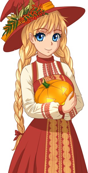 Anime picture 553x1080 with the herbalist moonworks slavyana (the herbalist) orika nekoi single long hair tall image looking at viewer fringe blue eyes simple background blonde hair smile white background eyebrows halloween girl dress hat witch hat