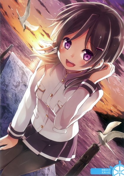 Anime picture 2698x3840 with high school fleet china moeka eretto single tall image blush highres open mouth black hair purple eyes sky cloud (clouds) scan official art evening sunset skirt miniskirt animal pantyhose