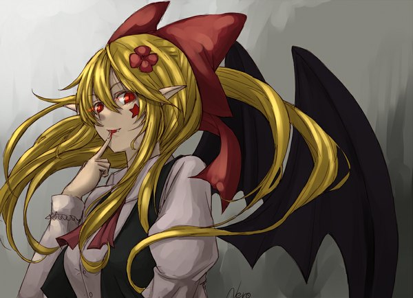 Anime picture 1024x741 with touhou elis (touhou) kuroneko nero single long hair looking at viewer open mouth simple background blonde hair smile red eyes signed pointy ears grey background facial mark glowing finger to mouth glowing eye (eyes) bat wings girl