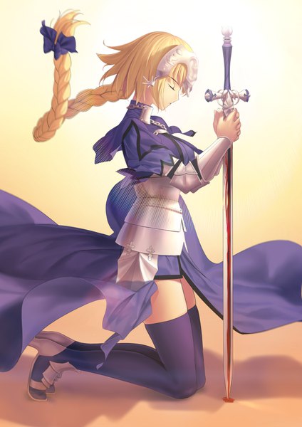 Anime picture 636x900 with fate (series) fate/apocrypha jeanne d'arc (fate) (all) jeanne d'arc (fate) tsukikanade single long hair tall image simple background blonde hair holding full body bent knee (knees) eyes closed profile shadow high heels kneeling gradient background floating hair