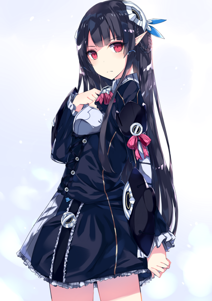 Anime picture 625x884 with phantasy star phantasy star online 2 sega anette (pso2) kurebayashi noe single long hair tall image looking at viewer blush fringe black hair simple background red eyes pointy ears gradient background hand on chest lolita fashion girl dress